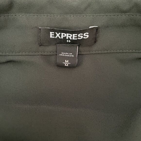 Express Portofino Button Down Top Green Chiffon Roll Tab Sleeve V-Neck Medium - Picture 8 of 9